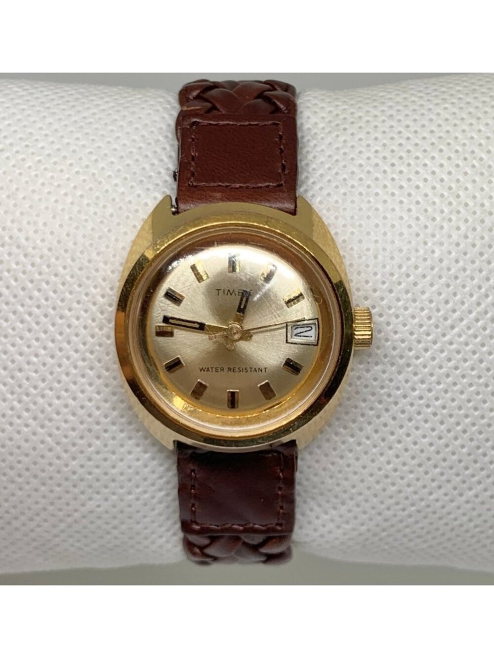 Vintage Timex mechanical wind up women watch gold tone 27mm brown leather works